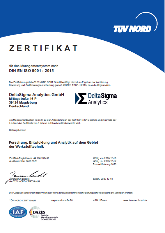 Zertifikat DIN EN ISO 9001 der DeltaSigma Analytics GmbH durch des TÜV Nord